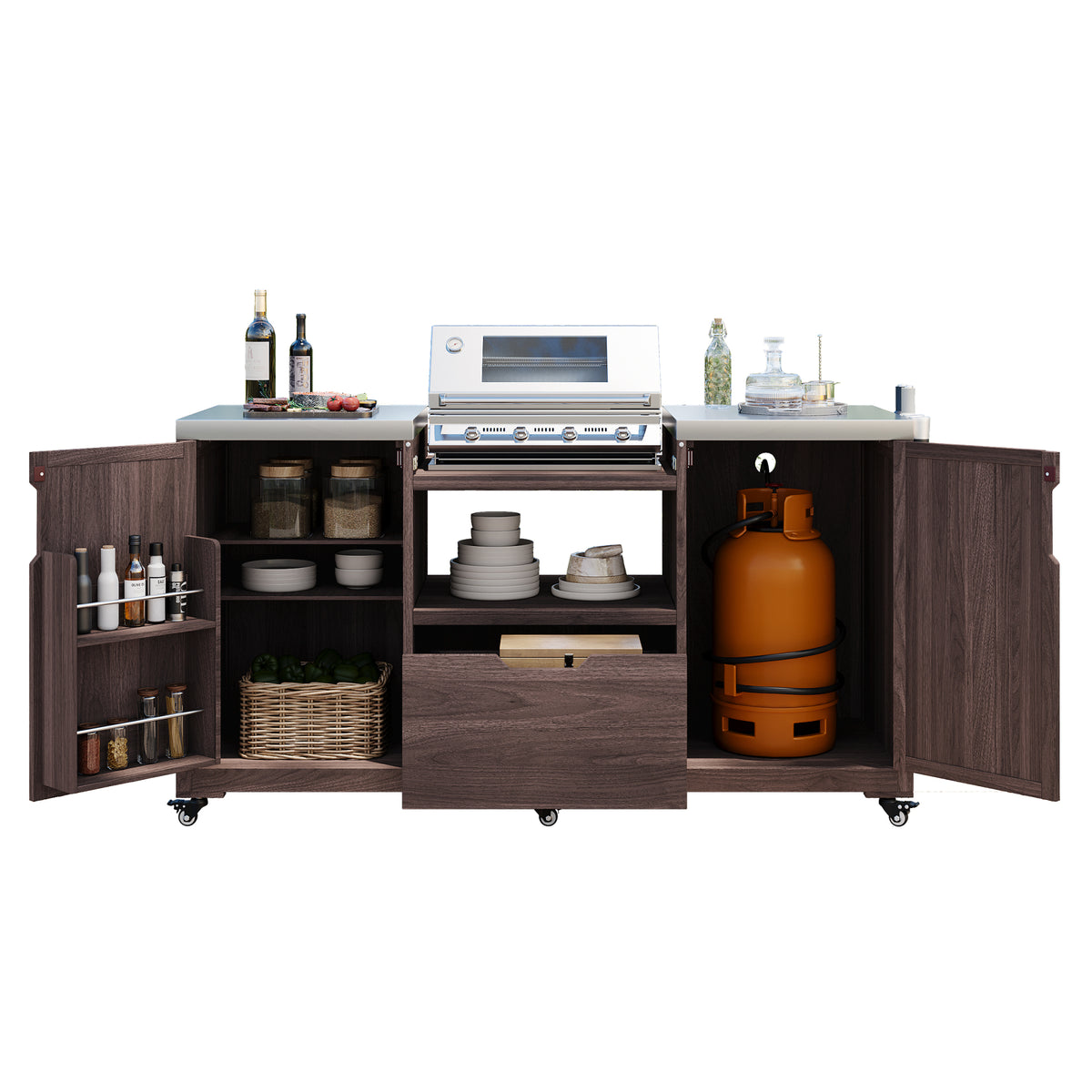 variant-group:rf-n707p250629z|Roomfitters 66.5" Outdoor Kitchen Island for Big Kamado Grills, Wood Grill Cart with Stainless Steel Top, Storage, Dark Brown