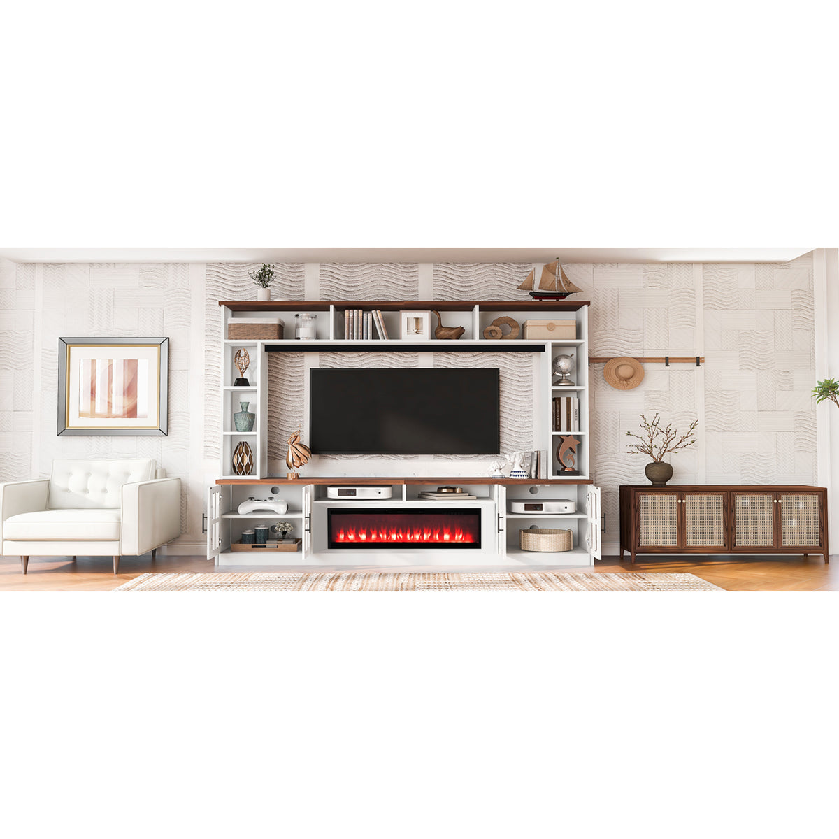 variant-group:rf-n724sj000159aak|Roomfitters 95.5"W Large Wall Unit Entertainment Center, 39" LED Fireplace, White & Walnut