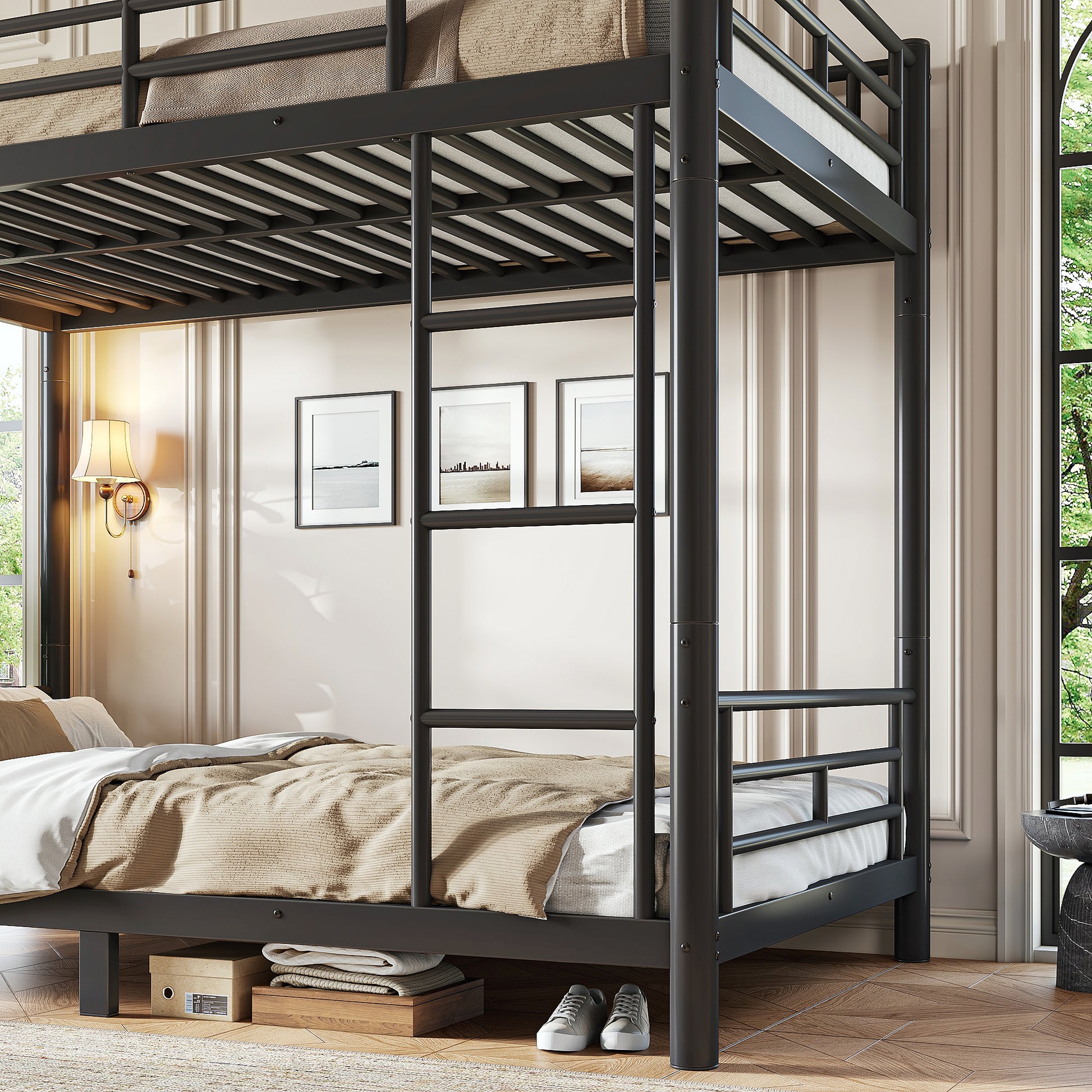 variant-group:rf-w1580p454721|Roomfitters Twin XL over Twin XL Metal Bunk Bed Frame for Teens Adults, Convertible 2 Separate Beds Round Tube, Black