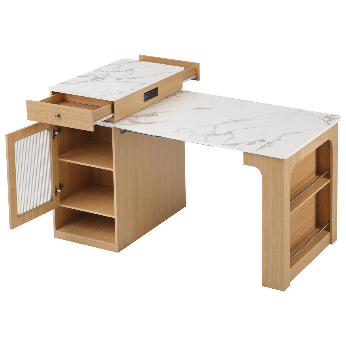 variant-group:rf-n707s000017y|Roomfitters 59.5" Kitchen Island with 41.8" Extendable Dining Table, Double-Sided Storage, Power Outlet, 2 Drawers, Natural