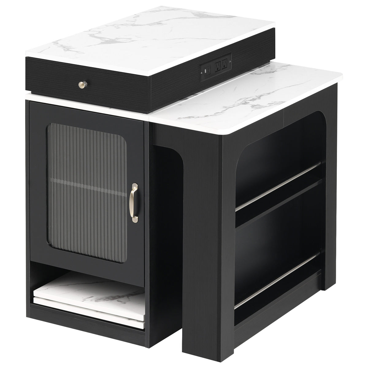 variant-group:rf-n707s000017b|Roomfitters 59.5" Kitchen Island with 41.8" Extendable Dining Table, Double-Sided Storage, Power Outlet, 2 Drawers, Black