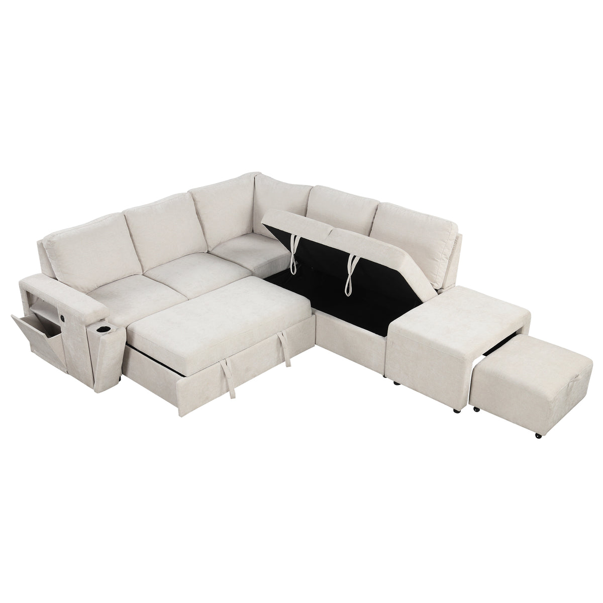 variant-group:rf-n711wy000390aaa|Roomfitters L-Shaped Padded Modular Sofa with Storage Space, USB Ports, and Cup Holders on the Armrests, Suitable for Living Rooms, Offices, and Apartments, Beige