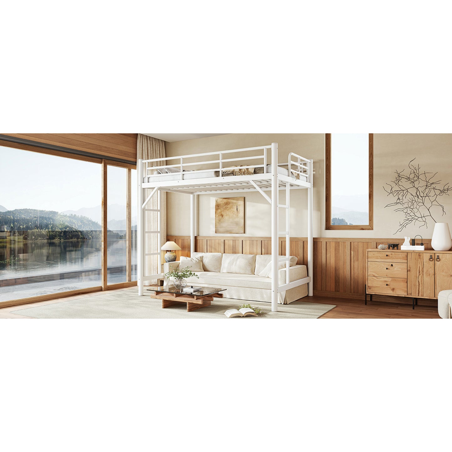 variant-group:rf-w1580p455012|Roomfitters Twin Size Metal Loft Bed Frame with Guardrails, Heavy Duty Space Saving High Loft Bed Dual Ladders, White