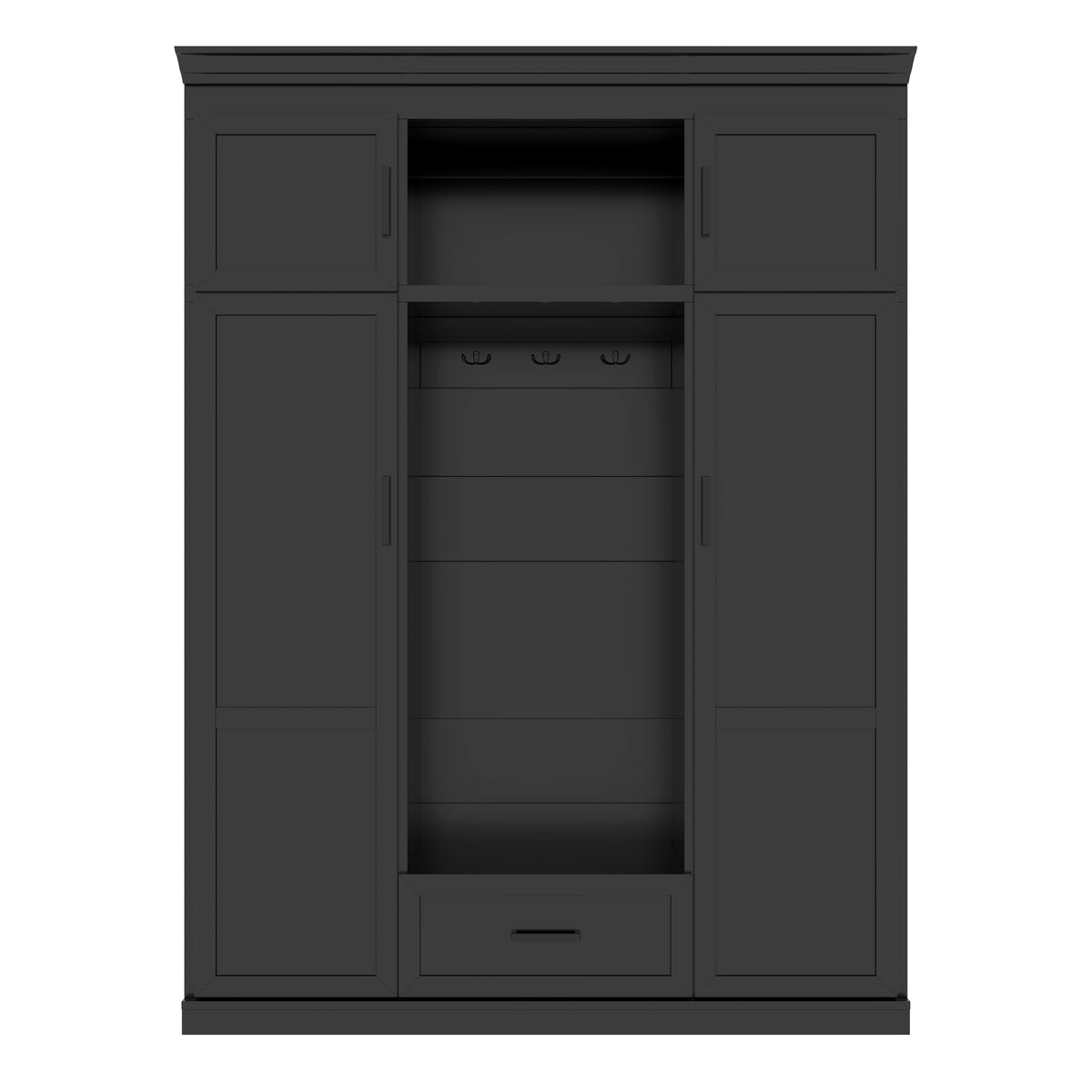 variant-group:rf-n724sj000140aab|Roomfitters 85.2" Hall Tree with Bench, 3 Hooks, 4 Doors, 1 Drawer and Adjustable Storage Shelves, Black