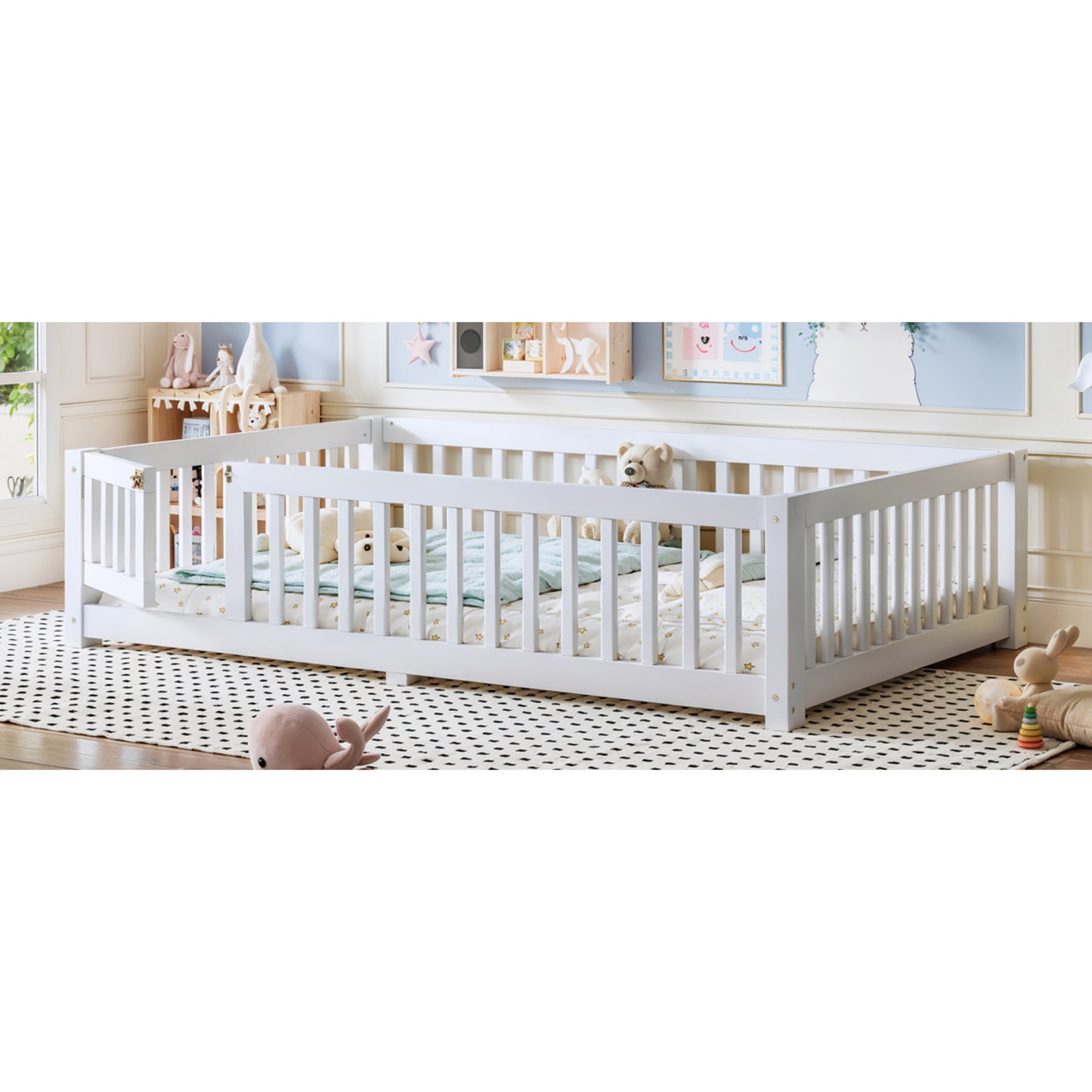 variant-group:rf-w1580p462317|Roomfitters Full Size Wooden Floor Bed Frame with Safety Guardrails Door, Solid Wood Low Profile Toddler Play Bed, White