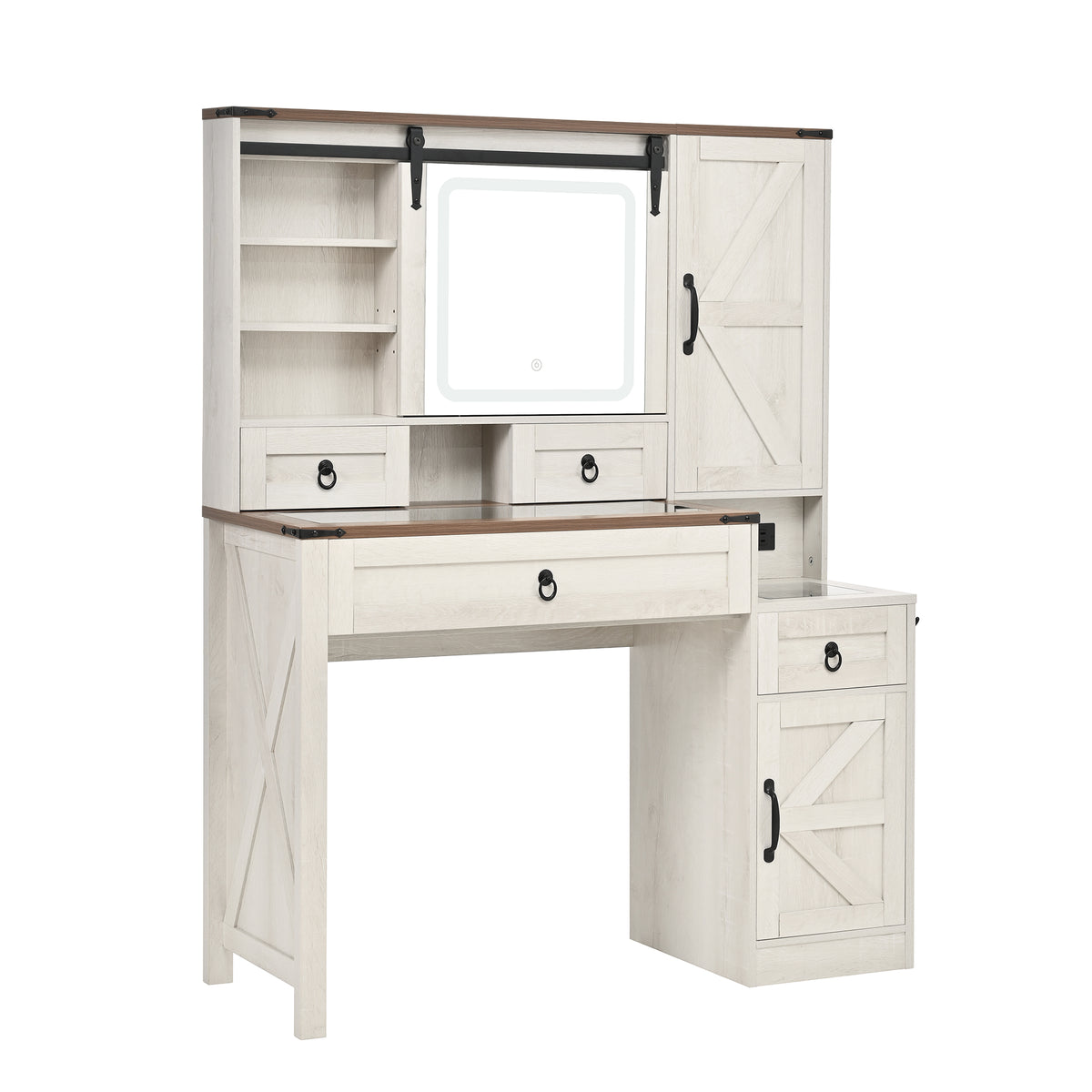 variant-group:rf-n733p340562k|Roomfitters Farmhouse Vanity Desk with Sliding Mirror & Lights, Glass Top, Charging Station, 4 Drawers, 2 Cabinets, Stool, White
