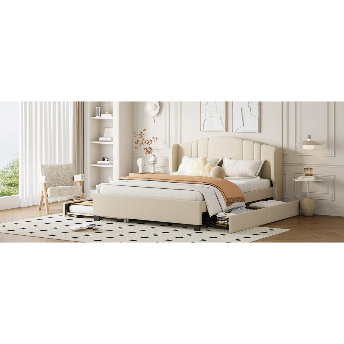 variant-group:rf-n733s208132a|Roomfitters Twin Size Trundle Upholstered Platform Bed with Wingback Headboard and 2 Drawers, No Box Spring Needed, Linen Fabric, Queen Size, Beige