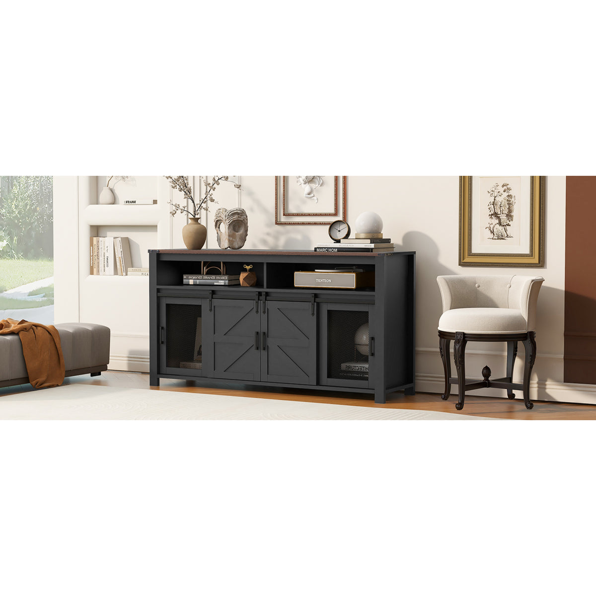 variant-group:rf-n711p347388b|Roomfitters 59.3" Sideboard Buffet Cabinet with Sliding Barn Doors, Modern Farmhouse Storage for Kitchen & Dining, Black