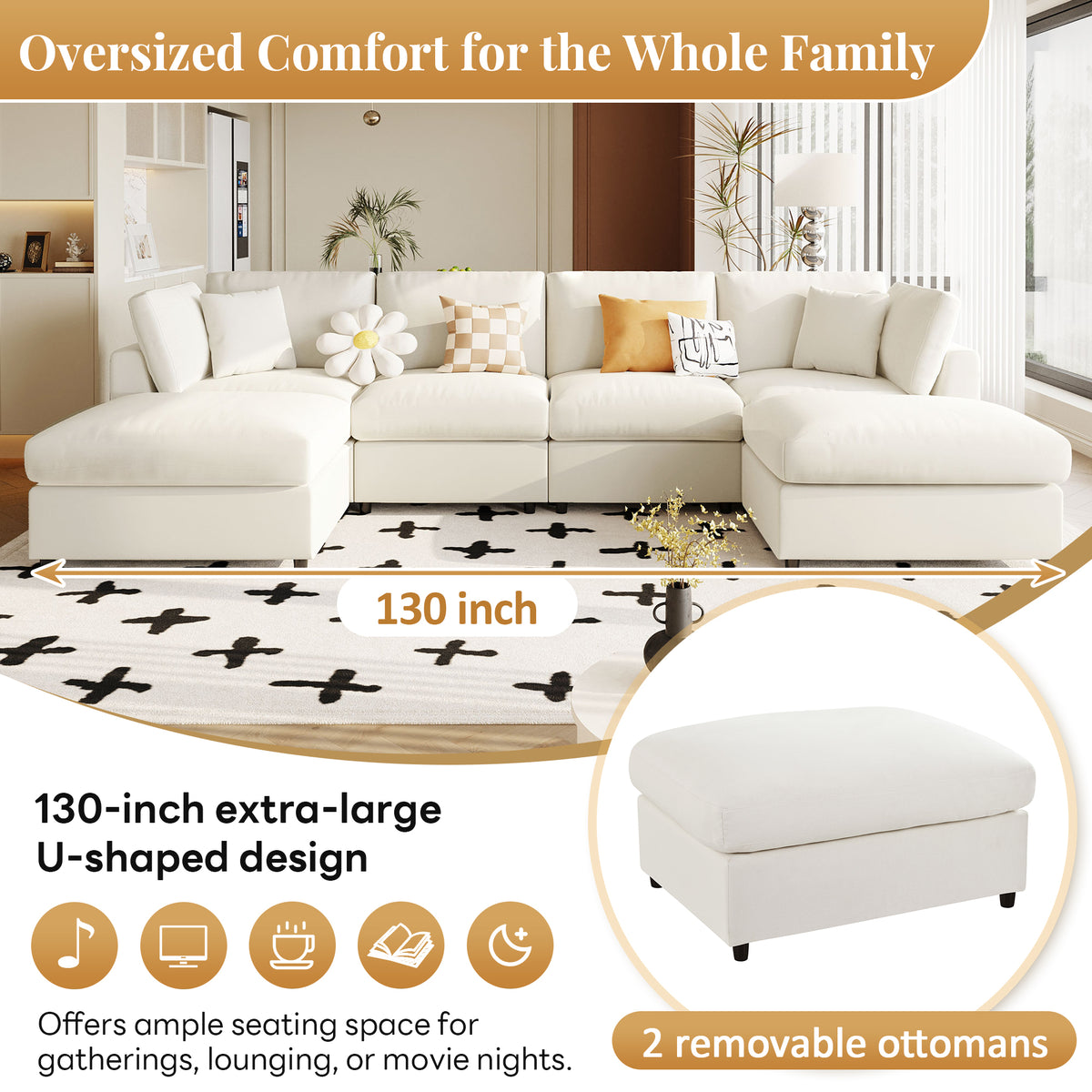 variant-group:rf-n711wy000474aaa|Roomfitters 128.2-Inch Customizable U-Shaped Sectional Sofa, 6-Seater Chenille Couch, 2 Movable Ottomans, Pit Lounge, Beige