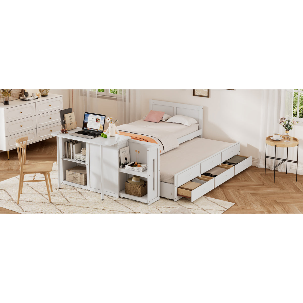 variant-group:rf-n733s212832k|Roomfitters Twin Size Multifunctional Wood Platform Bed with Desk and Storage Shelf, Built-in Trundle and Storage, White