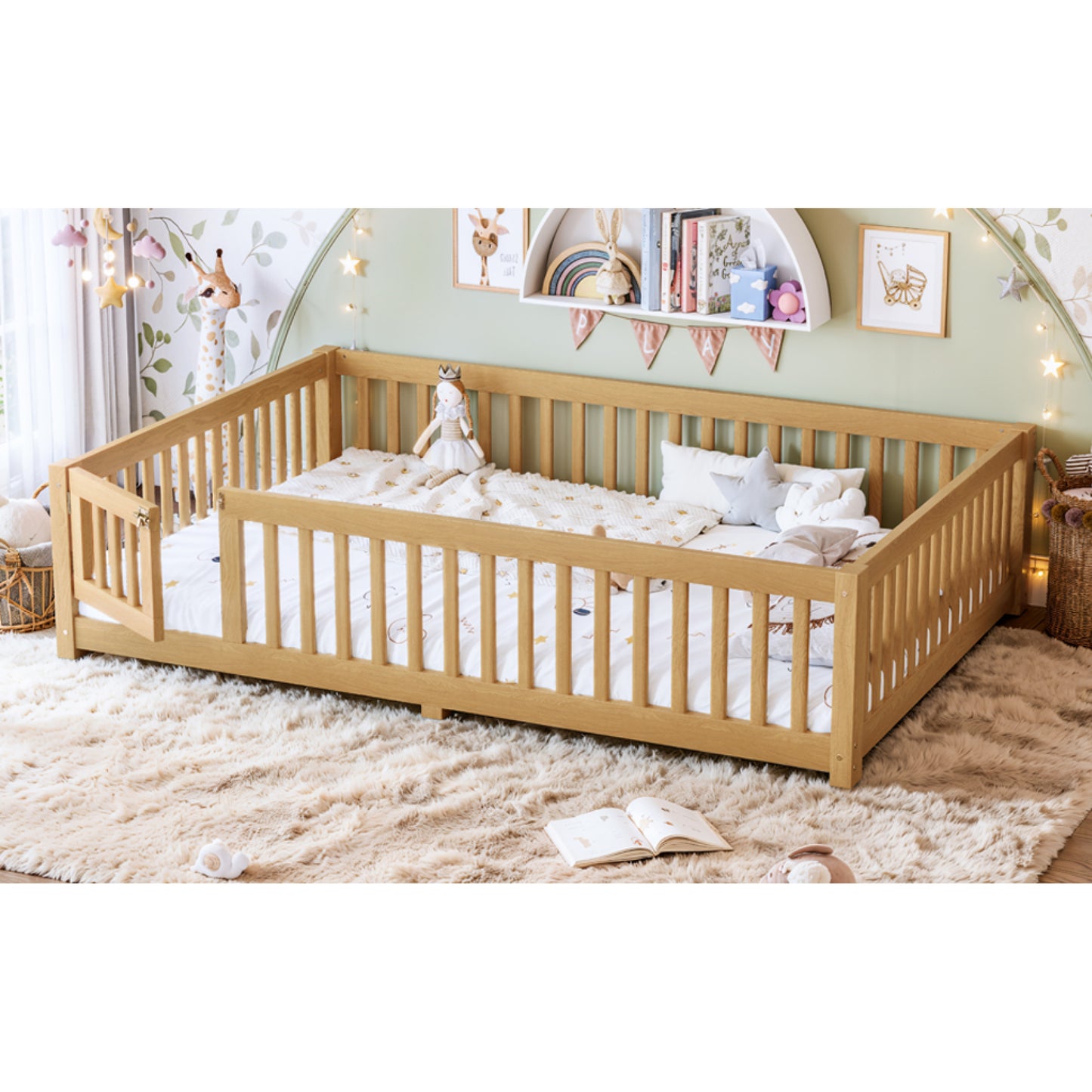 variant-group:rf-w1580p462325|Roomfitters Queen Size Wooden Floor Bed Frame with Safety Guardrails Door, Solid Wood Low Profile Toddler Play Bed, Natural