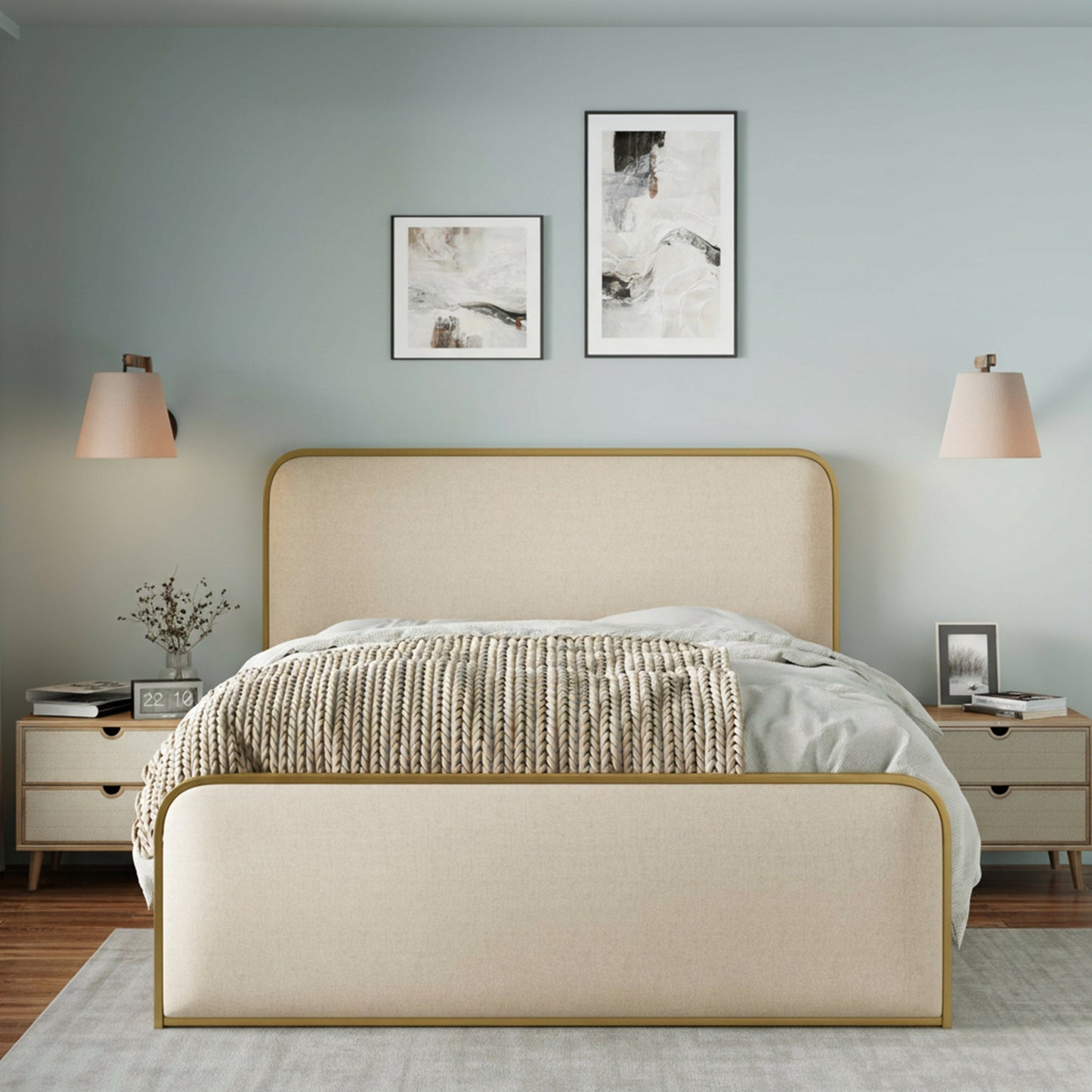Roomfitters Queen Size Modern Upholstered Platform Bed Frame with Gold Metal Trim, Curved Headboard, No Box Spring, Beige+Gold Roomfitters