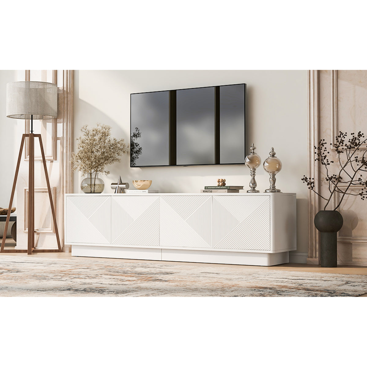 variant-group:rf-n724p426846k|Roomfitters Stylish 4-Door Wave Design TV Console with 16-Color USB LED Light, White