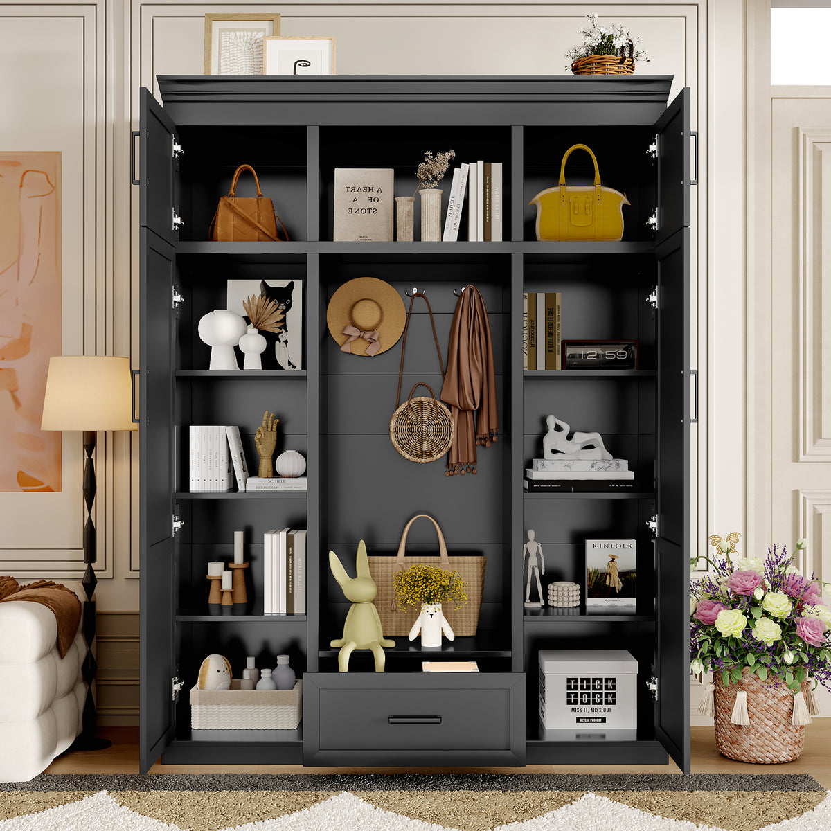 variant-group:rf-n724sj000140aab|Roomfitters 85.2" Hall Tree with Bench, 3 Hooks, 4 Doors, 1 Drawer and Adjustable Storage Shelves, Black