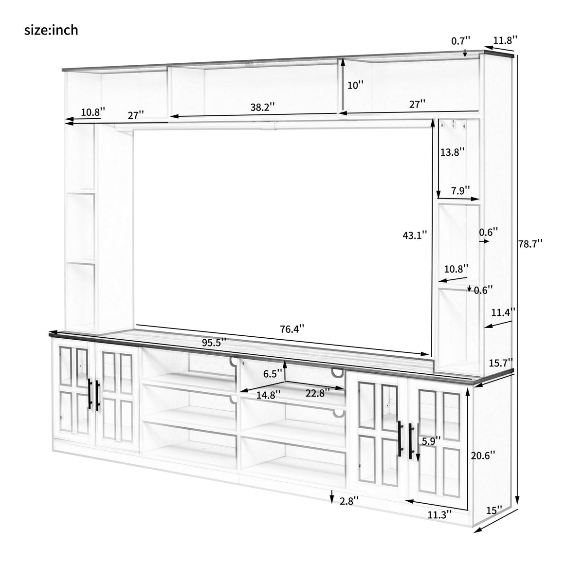 variant-group:rf-n724sj000127aak|Roomfitters Wall Unit Entertainment Center for up to 80 Inch TV, Media Console with Cabinets and Bookshelves, White