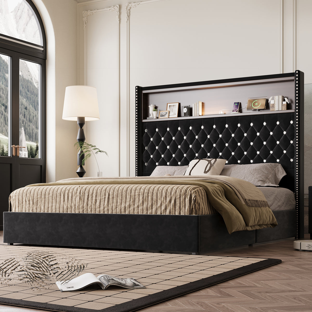 variant-group:rf-n733p367135b|Roomfitters Queen Velvet Tufted Platform Bed with Charging Ports, Tall Wingback Headboard with Rivet Trim and Shelf, Black
