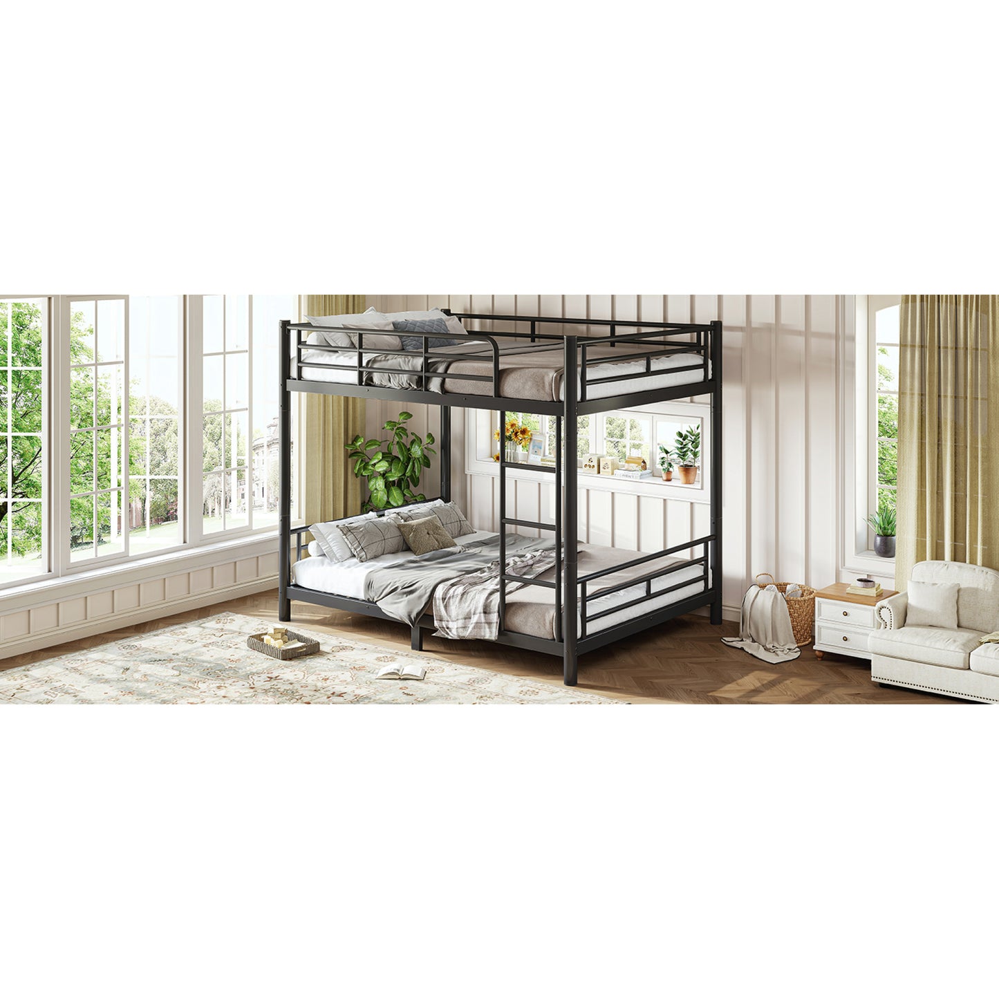 variant-group:rf-w1580p454730|Roomfitters Full over Full Metal Bunk Bed Frame for Teens Adults, Convertible 2 Separate Beds Round Tube, Black