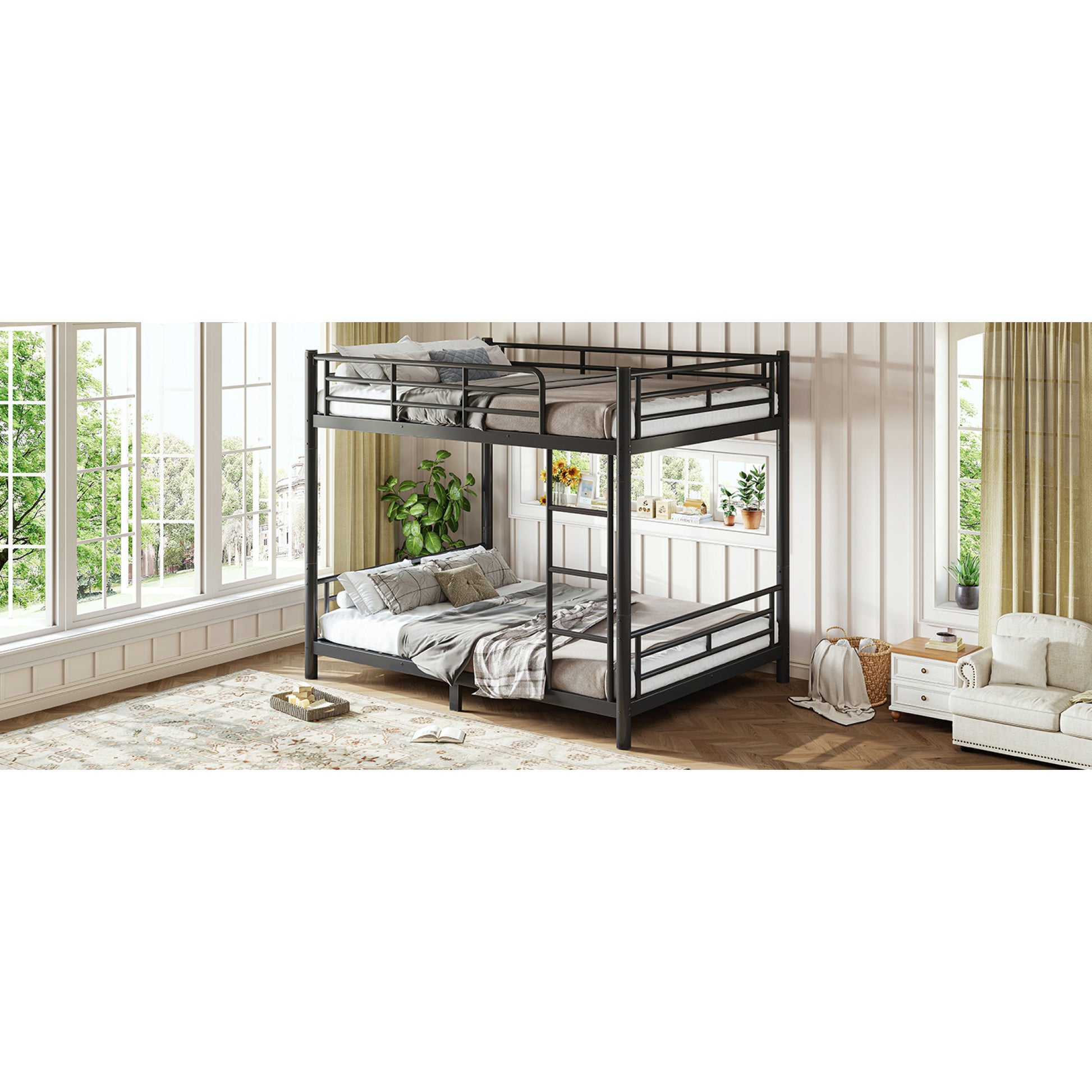 variant-group:rf-w1580p454730|Roomfitters Full over Full Metal Bunk Bed Frame for Teens Adults, Convertible 2 Separate Beds Round Tube, Black
