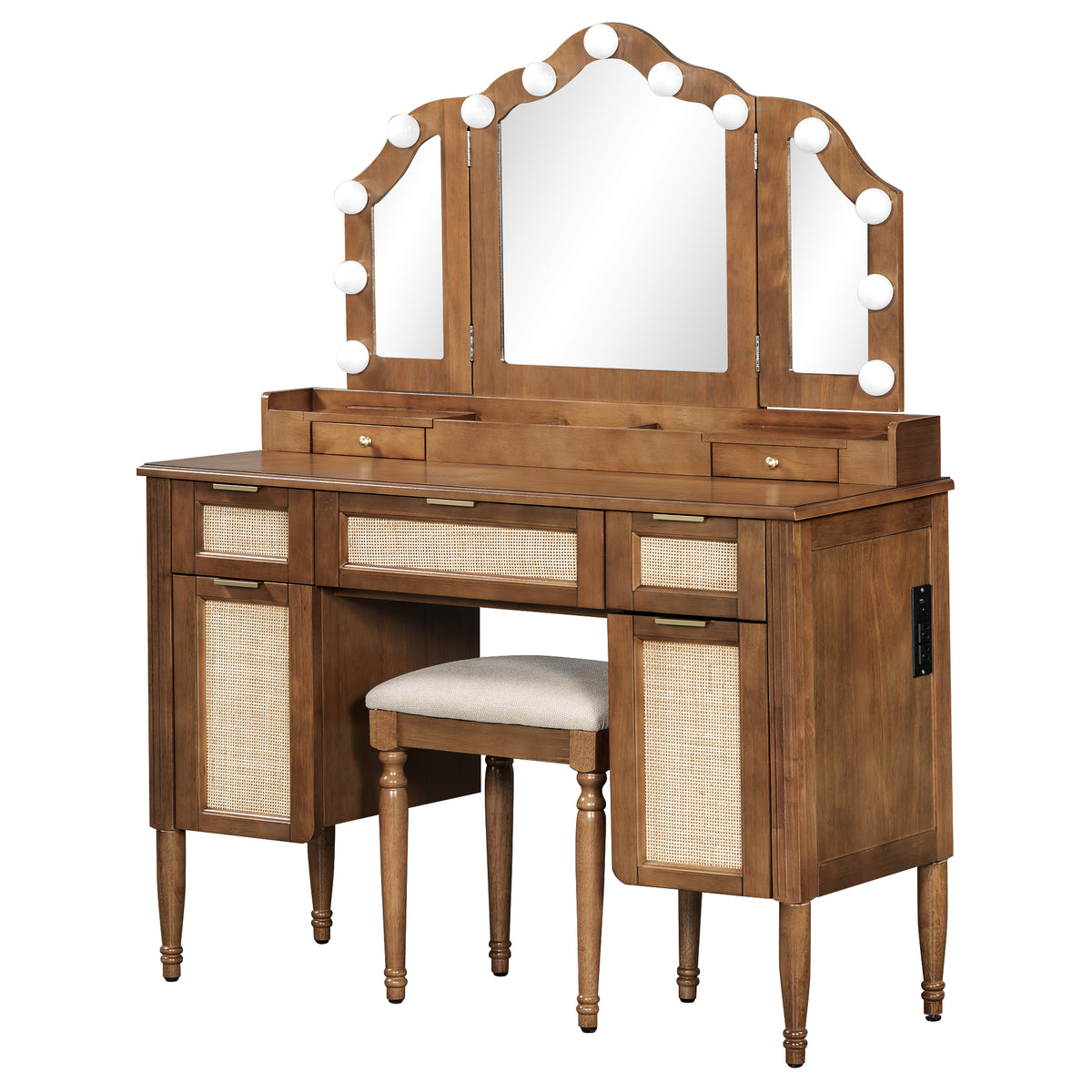 variant-group:rf-n704p342558p|Roomfitters 44-Inch Bohemian Makeup Vanity Desk with 13 Hollywood Bulbs Tri-Fold Mirror and Bamboo Drawers Espresso