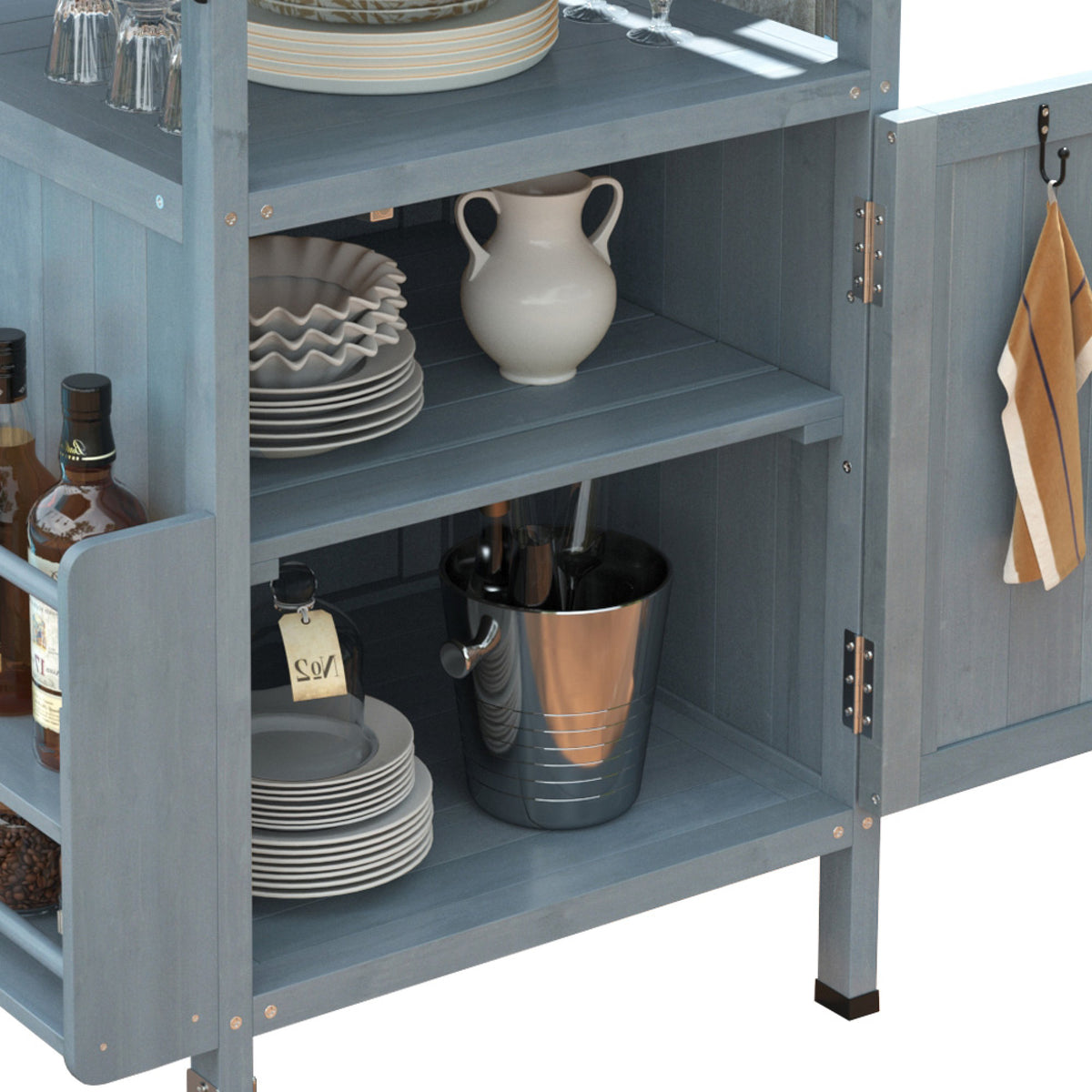 variant-group:rf-n707p228272g|Roomfitters 40.5" Outdoor Grill Cart with Stainless Steel Top, Wood Storage Cabinet, Drop Leaf, Rolling Cart, Blue Grey