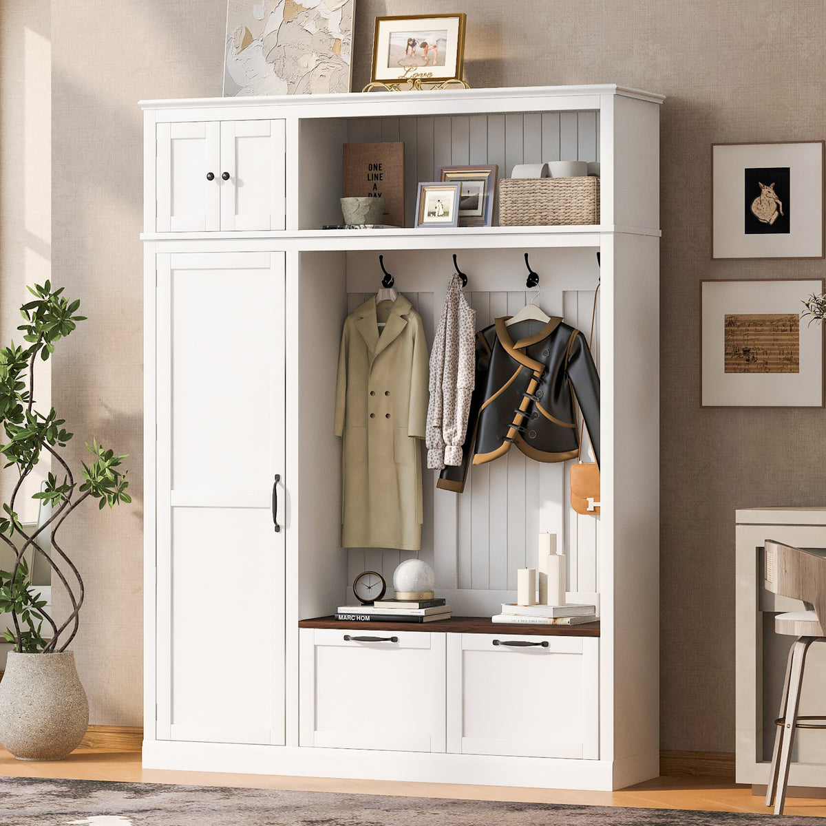 variant-group:rf-n724sj000160aak|Roomfitters 3-in-1 Entryway Hall Tree with Overhead Storage Cabinet, 2 Drawers, White