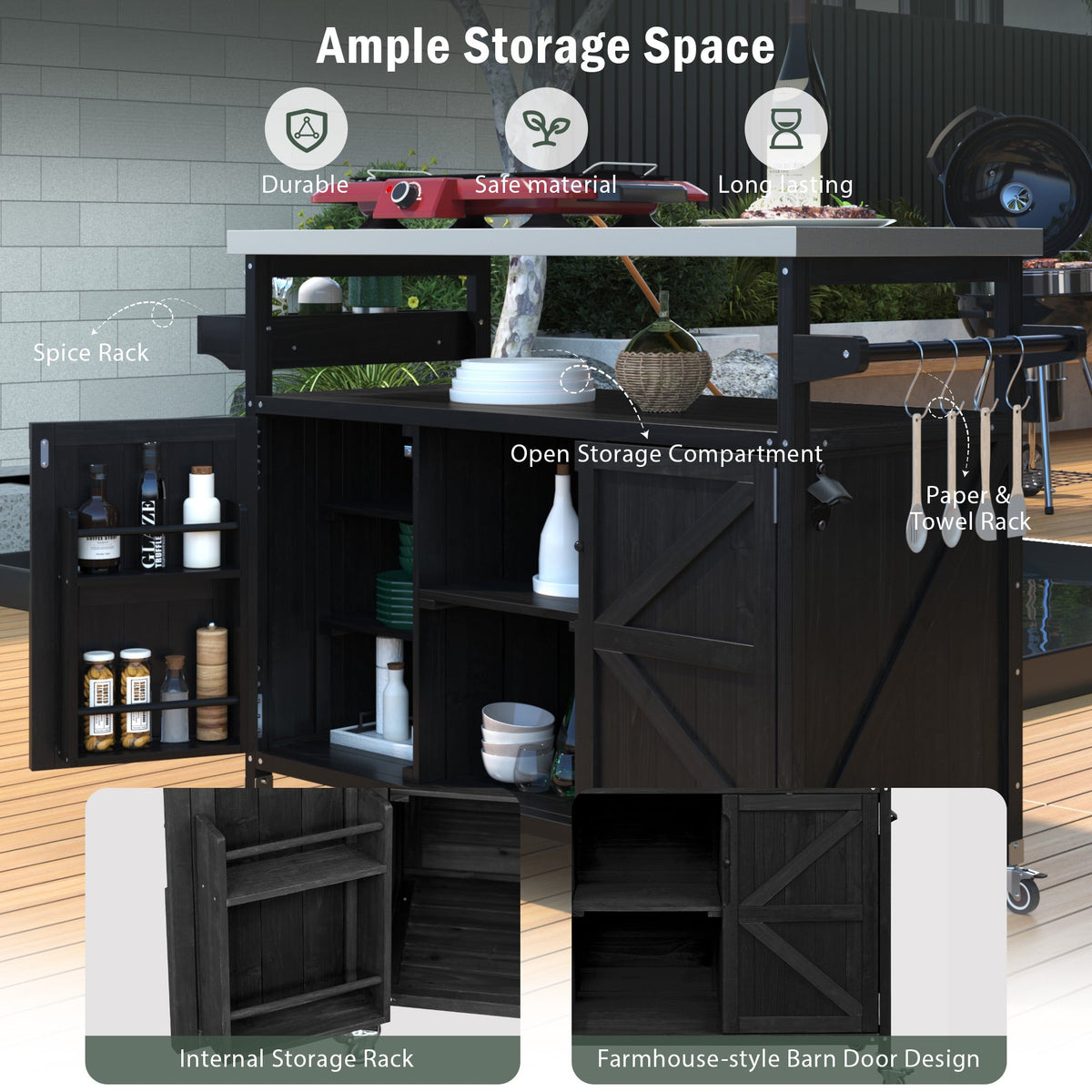 Roomfitters Outdoor Kitchen Island, Rolling Bar Cart with Storage Cabinet, Wood Grill Table, Stainless Steel Top, Spice Rack, Black