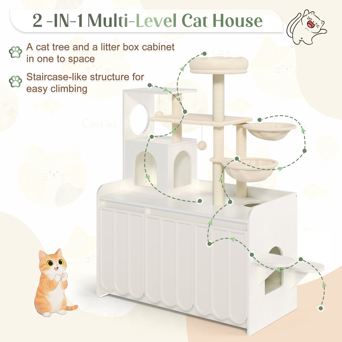 variant-group:rf-n704p443505k|Roomfitters All-in-One Modern Multi-Level Cat Tree Tower Condo with Hidden Litter Box Enclosure Space White