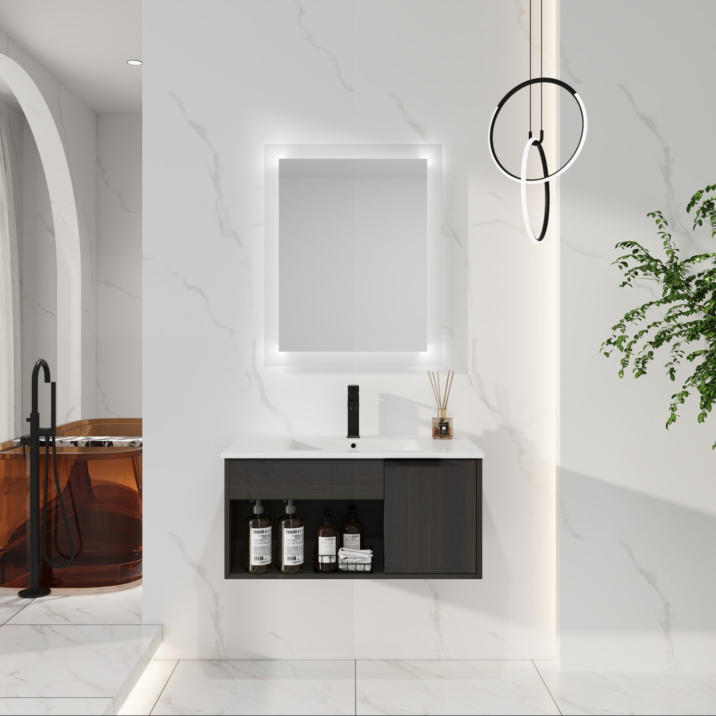 30" Wall-Mounted Floating Bathroom Vanity with Ceramic Sink – Modern Dark Oak Cabinet with Open Shelf & Soft-Close Door, Space-Saving Design (Faucet & Drain Not Included)