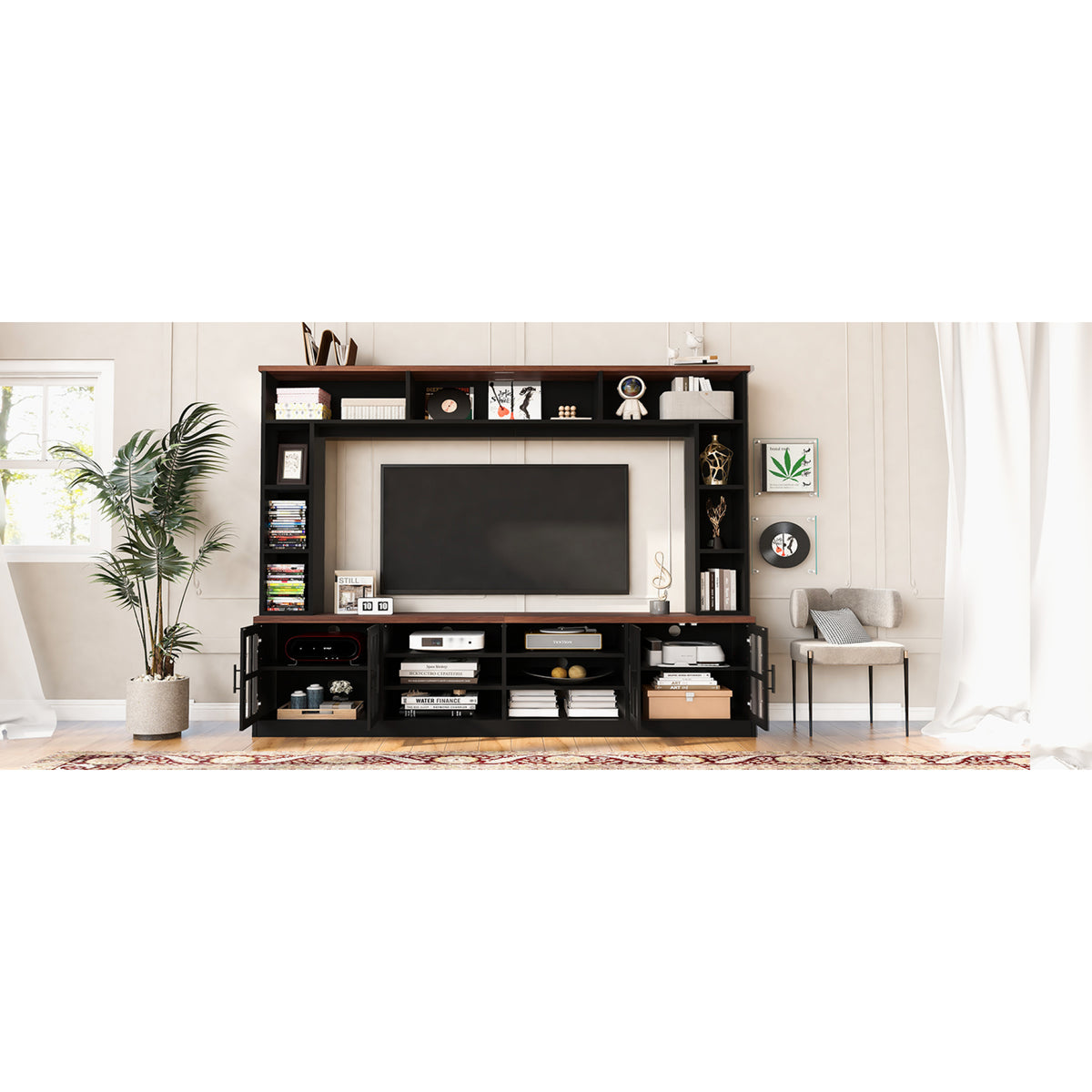 variant-group:rf-n724sj000127aab|Roomfitters Wall Unit Entertainment Center for up to 80 Inch TV, Media Console with Cabinets and Bookshelves, Black