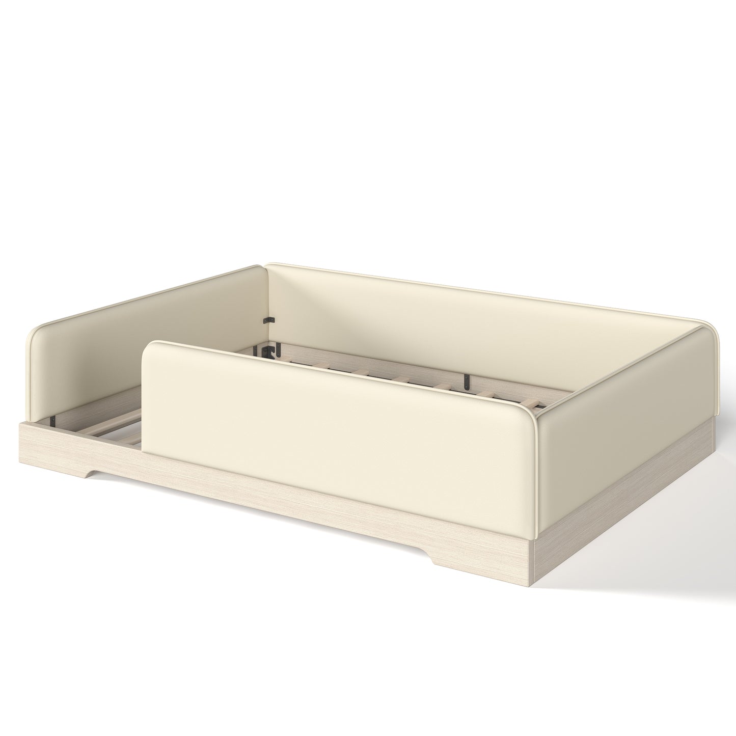variant-group:rf-w1580s00673|Roomfitters Queen Size Upholstered Floor Bed Frame with Removable Guardrails, Faux Leather Low Profile Platform, Beige