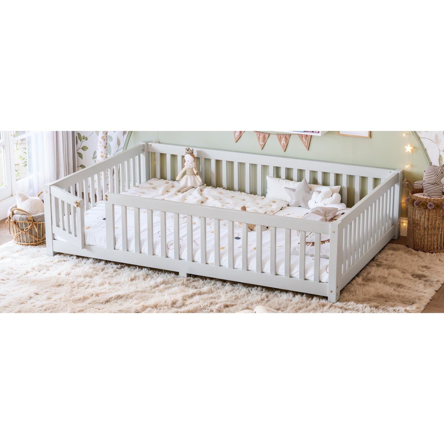 variant-group:rf-w1580p462324|Roomfitters Queen Size Wooden Floor Bed Frame with Safety Guardrails Door, Solid Wood Low Profile Toddler Play Bed, White