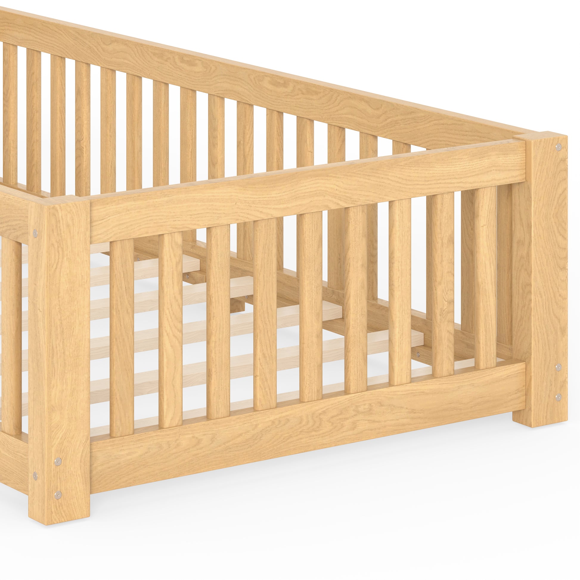 variant-group:rf-w1580p462314|Roomfitters Twin Size Wooden Floor Bed Frame with Safety Guardrails Door, Solid Wood Low Profile Toddler Play Bed, Natural