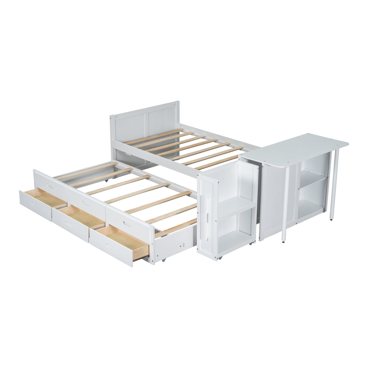 variant-group:rf-n733s212832k|Roomfitters Twin Size Multifunctional Wood Platform Bed with Desk and Storage Shelf, Built-in Trundle and Storage, White