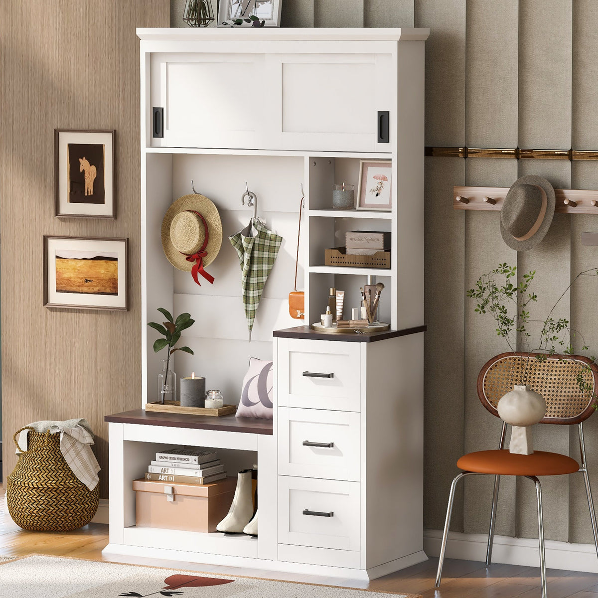 Roomfitters Modern Entryway Bench with Coat Rack, Hooks, Drawers and 3 Shelves, 40.2" Hall Tree, White Roomfitters
