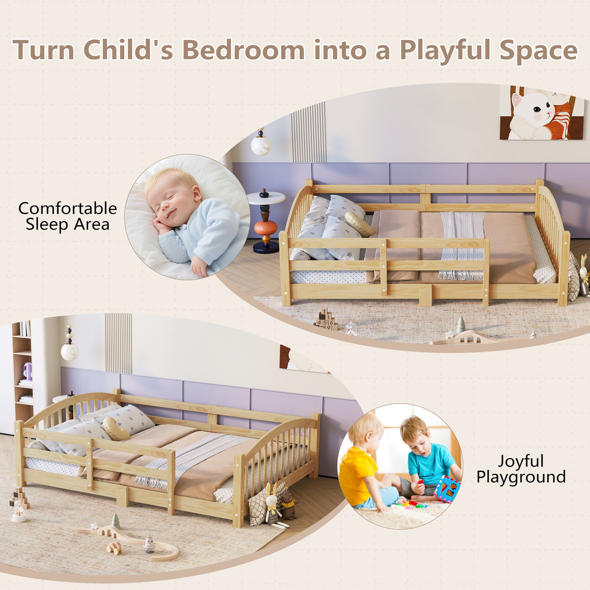 variant-group:rf-n733p400299n|Roomfitters Full Montessori Floor Bed with Guardrails, Solid Wood Low Platform Bed with Slats, Easy Assembly, Natural