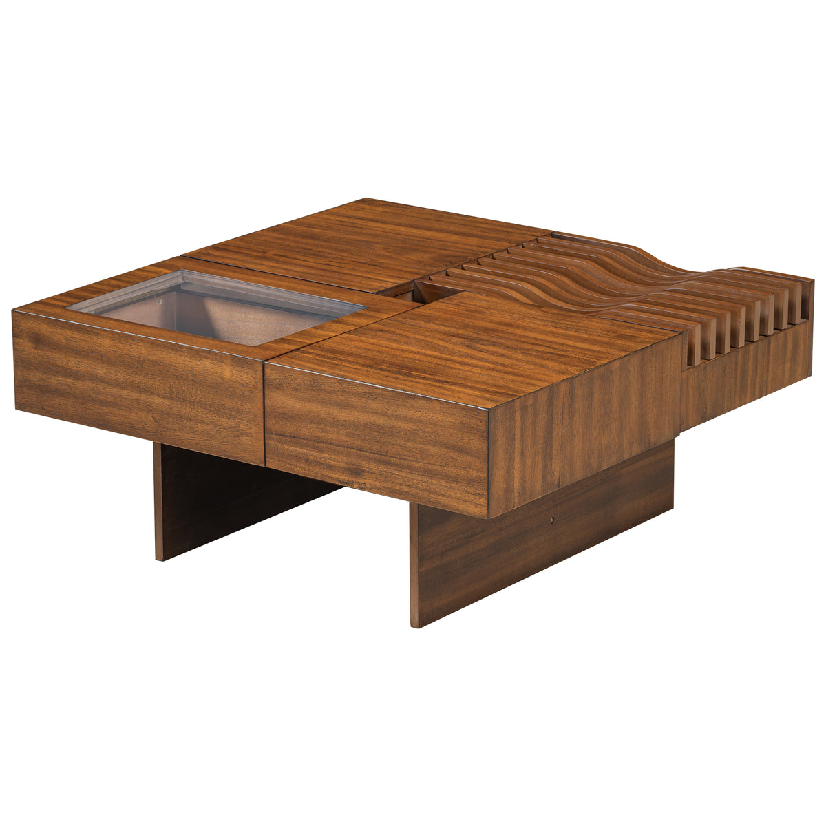 variant-group:rf-n724p270432d|Roomfitters Square Mid-Century Coffee Table with Glass Top and 3 Storage Compartments, Solid Wood Legs, Brown