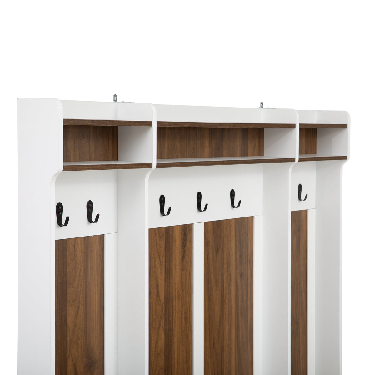 variant-group:rf-n724p235232d|Roomfitters 5-in-1 Entryway Bench with Coat Rack, Hooks, Drawers and Adjustable Shelves, Hall Tree for Hallway or Living Room, Brown+White