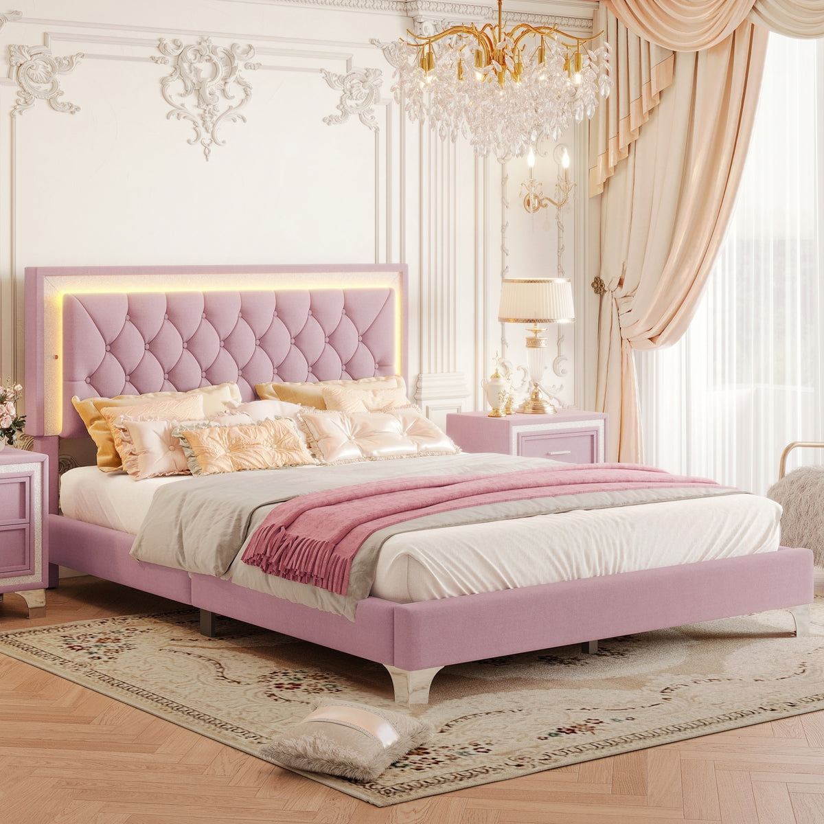 variant-group:rf-n733p183657h|Roomfitters Modern Velvet Queen Platform Bed with Tufted Headboard and Built-In Lighting, Pink