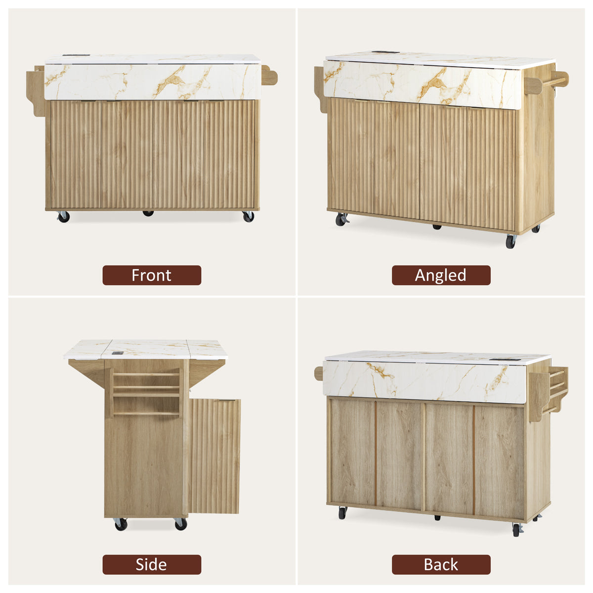 variant-group:rf-n707p353934y|Roomfitters 55.5" Fluted Kitchen Island with Double Drop Leaf, Natural Storage Cart with Power Outlet & Faux Marble Top