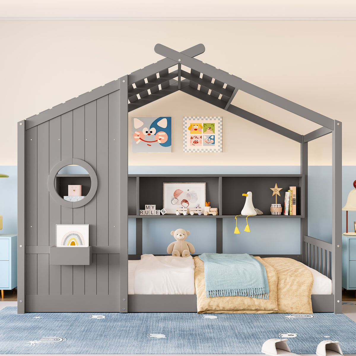 variant-group:rf-n733p335064e|Roomfitters Twin Size Floor House Bed with Storage Shelf and Roof Design, Montessori Playhouse Bed, Gray
