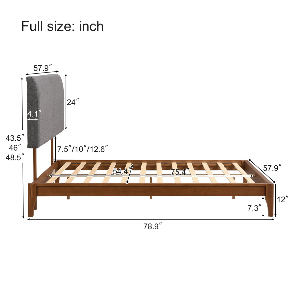 Roomfitters Full Bamboo Wood Platform Bed Frame with 12 Inch Height and Curved Upholstered Headboard, Gray Roomfitters