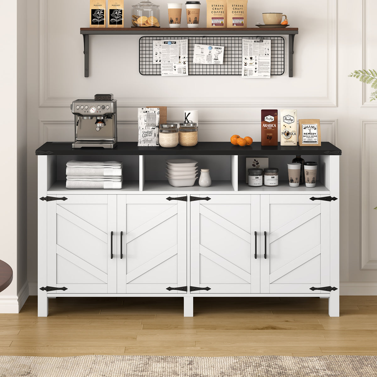 variant-group:rf-n711p347407k|Roomfitters 59" Sideboard Buffet Cabinet with 4 Door & Open Storage, Modern Farmhouse Industrial Coffee Bar Station, White+Black