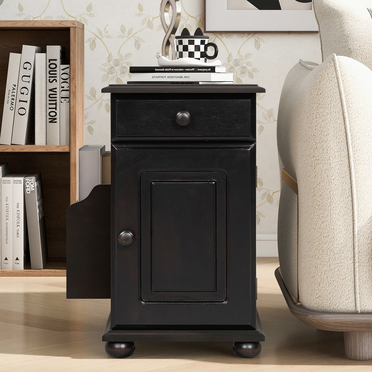 variant-group:rf-n724p293133p|Roomfitters Vintage Sofa Side Table with USB Ports, Flip Top, Cup Holders and Bookshelf Storage for Small Spaces, Espresso