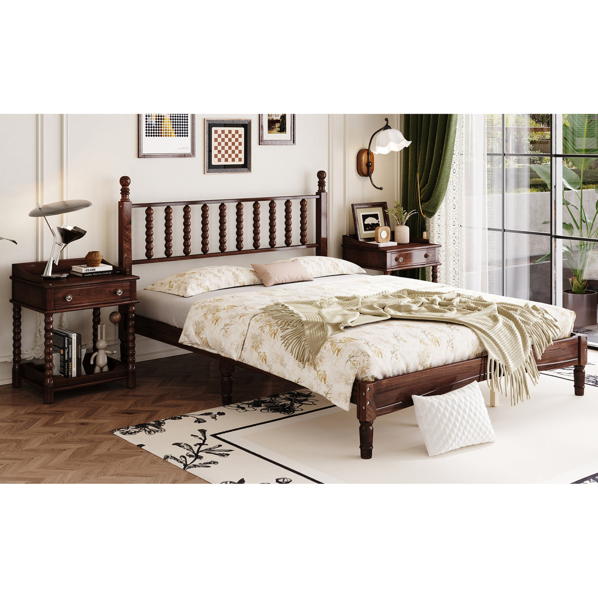 variant-group:rf-n733p206242d|Roomfitters Queen Size Wood Platform Bed with Gourd Shaped Headboard, Retro Style Platform Bed with Wooden Slat Support, Walnut