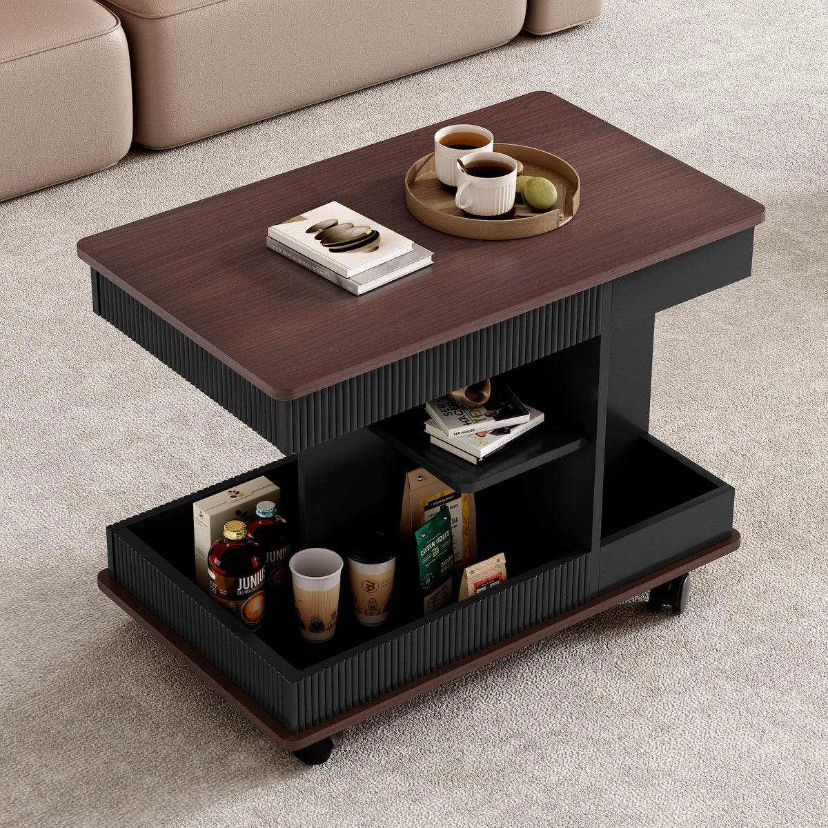 variant-group:rf-n724p292505b|Roomfitters Adjustable Sofa Side Table with Lift-Top, Rotating Surface and Storage on Wheels for Small Spaces, Black