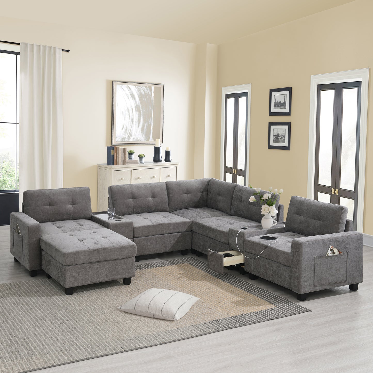 variant-group:rf-n723s1191e|Roomfitters 104 Inch Modular Sectional Sofa with Console and Cup Holders, Upholstered L-Shape Couch for Home Decor, Gray