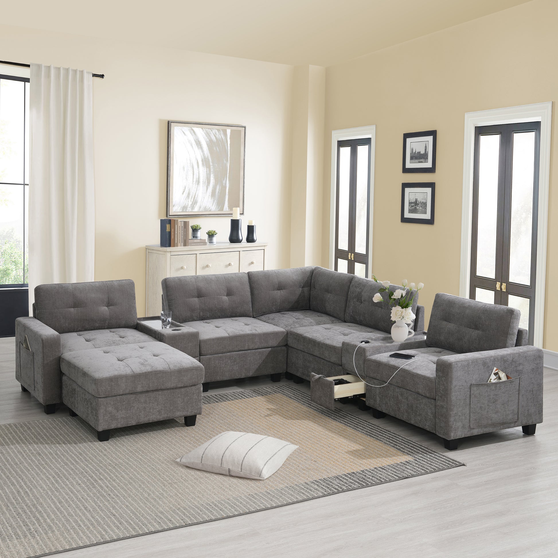 variant-group:rf-n723s1191e|Roomfitters 104 Inch Modular Sectional Sofa with Console and Cup Holders, Upholstered L-Shape Couch for Home Decor, Gray