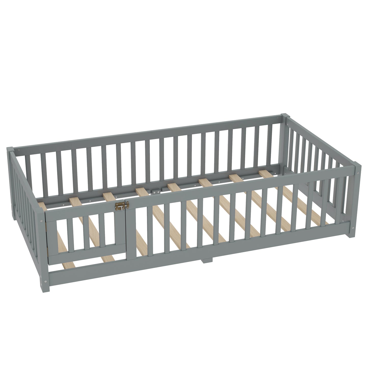 variant-group:rf-w1580p338948|Roomfitters Wooden Twin Floor Bed Frame with Door & Safety Guardrails, Low Platform Design for Bedroom or Playroom, Gray