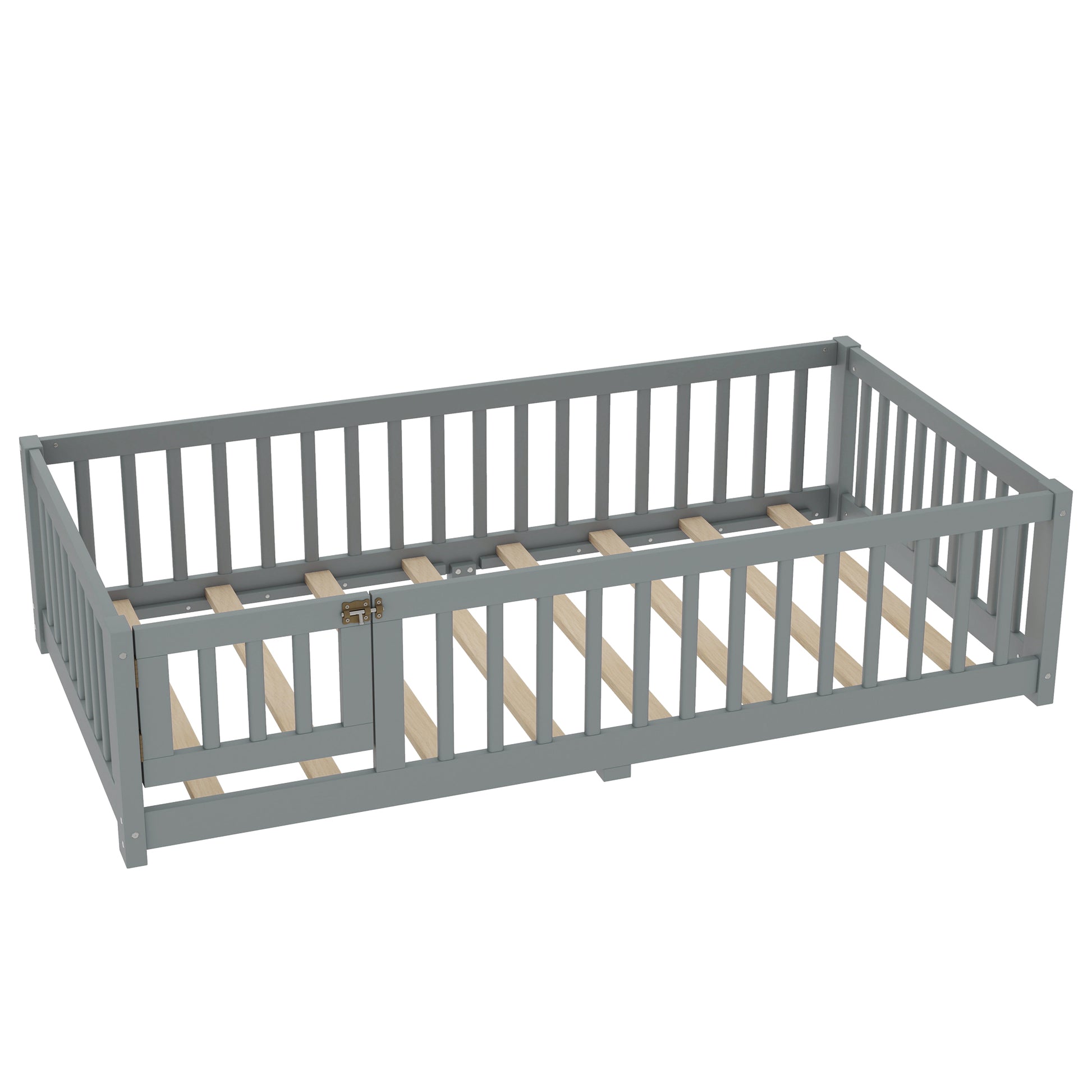 variant-group:rf-w1580p338948|Roomfitters Wooden Twin Floor Bed Frame with Door & Safety Guardrails, Low Platform Design for Bedroom or Playroom, Gray