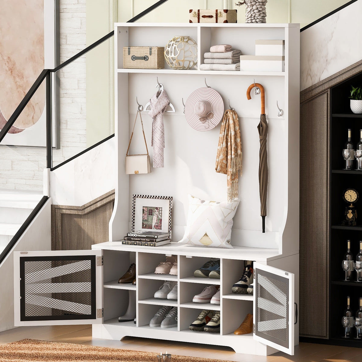 variant-group:rf-n724p264668k|Roomfitters 3-in-1 Entryway Bench with Coat Rack, Adjustable Shelves and 7 Hooks, 43.3" Hall Tree for Entrance or Living Room, White